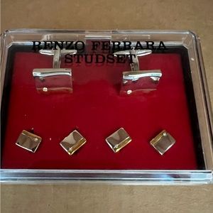 Renzo Ferrara Silver and Gold tone Cufflinks and Tie Bar Clip 3 Piece Se…